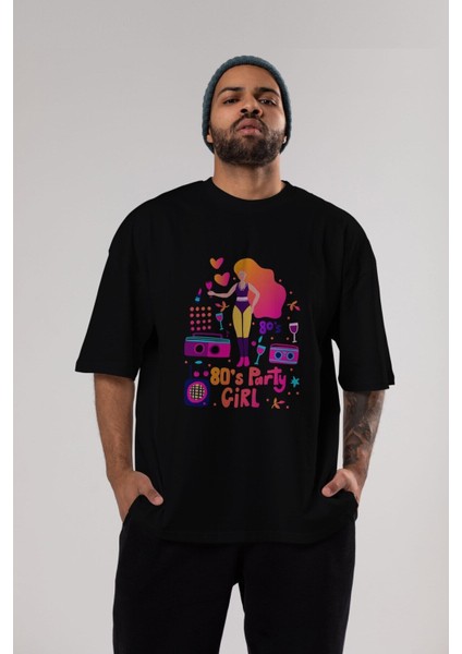 Retro Girl Party Ön Baskılı Siyah Oversize T-Shirt Erkek Kadın Bisiklet Yaka indirimleri