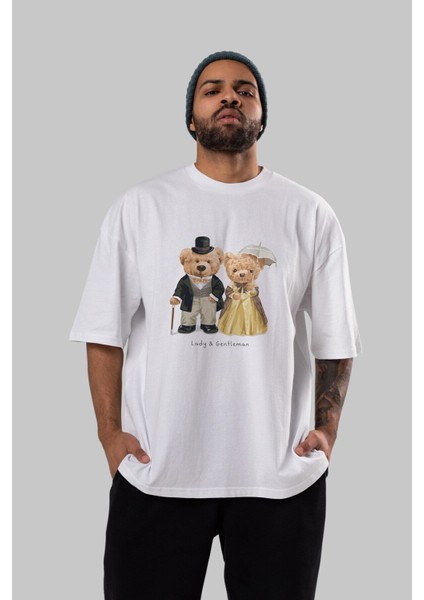 Teddy Bear Couple Ön Baskılı Beyaz Oversize T-Shirt Erkek Kadın Bisiklet Yaka fırsatları