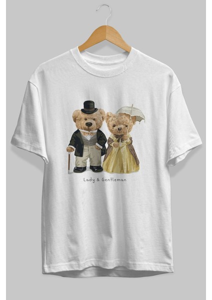 Teddy Bear Couple Ön Baskılı Beyaz Oversize T-Shirt Erkek Kadın Bisiklet Yaka indirimleri