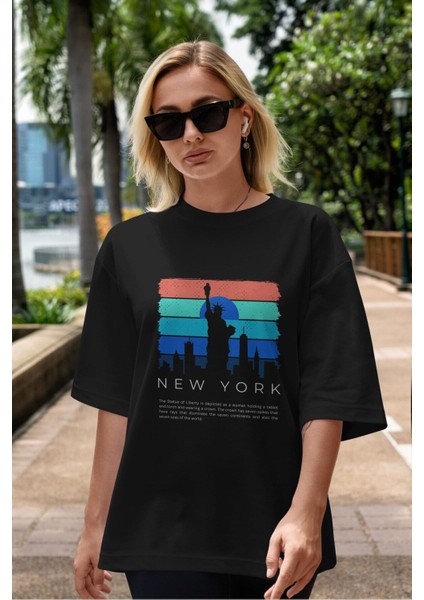 New York Yazılı Ön Baskılı Siyah Oversize T-Shirt Erkek Kadın Bisiklet Yaka