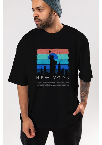 New York Yazılı Ön Baskılı Siyah Oversize T-Shirt Erkek Kadın Bisiklet Yaka fırsatları