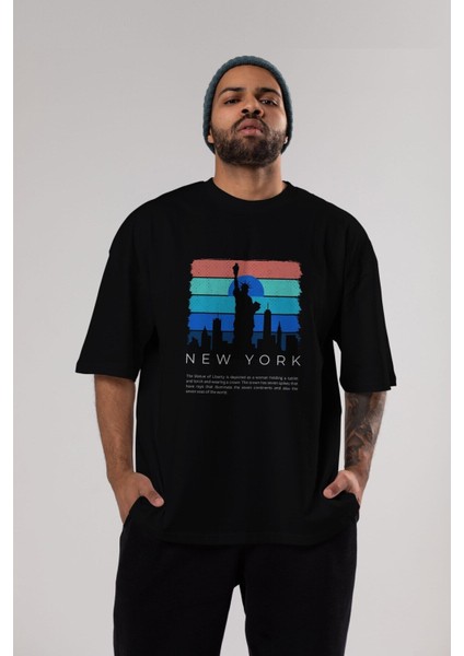 New York Yazılı Ön Baskılı Siyah Oversize T-Shirt Erkek Kadın Bisiklet Yaka indirimleri