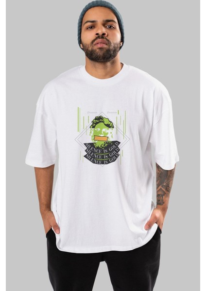 Silence Is Gold Ön Baskılı Beyaz Oversize T-Shirt Erkek Kadın Bisiklet Yaka fırsatları