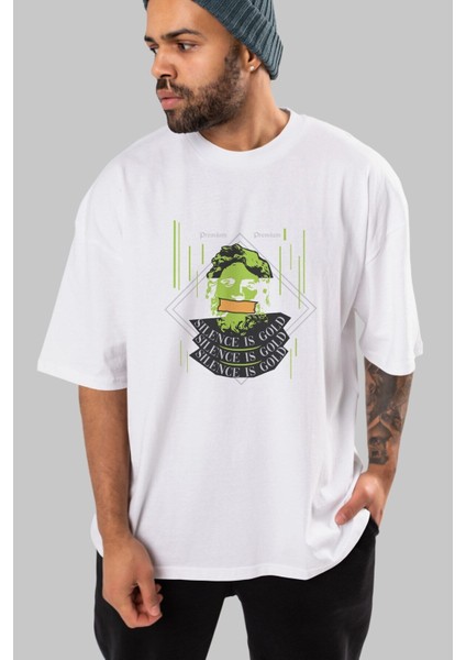 Silence Is Gold Ön Baskılı Beyaz Oversize T-Shirt Erkek Kadın Bisiklet Yaka indirimleri