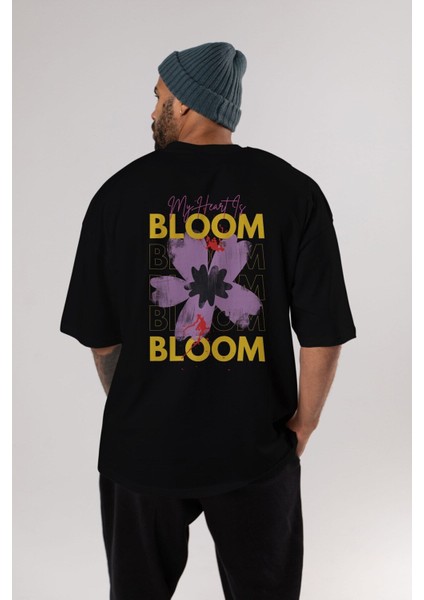 Bloom Yazılı Arka Baskılı Siyah Oversize T-Shirt Erkek Kadın Bisiklet Yaka