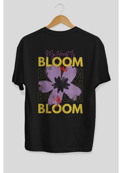 Bloom Yazılı Arka Baskılı Siyah Oversize T-Shirt Erkek Kadın Bisiklet Yaka fiyatları