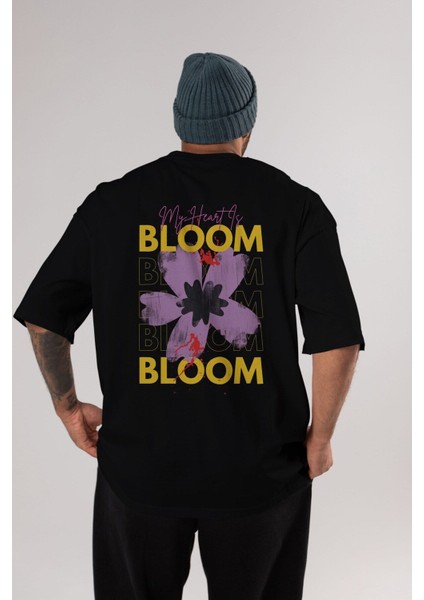 Bloom Yazılı Arka Baskılı Siyah Oversize T-Shirt Erkek Kadın Bisiklet Yaka modelleri