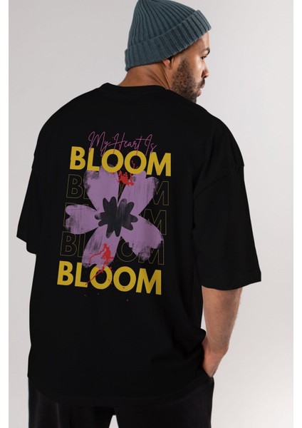 Bloom Yazılı Arka Baskılı Siyah Oversize T-Shirt Erkek Kadın Bisiklet Yaka fırsatları