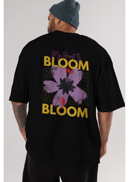 Bloom Yazılı Arka Baskılı Siyah Oversize T-Shirt Erkek Kadın Bisiklet Yaka indirimleri