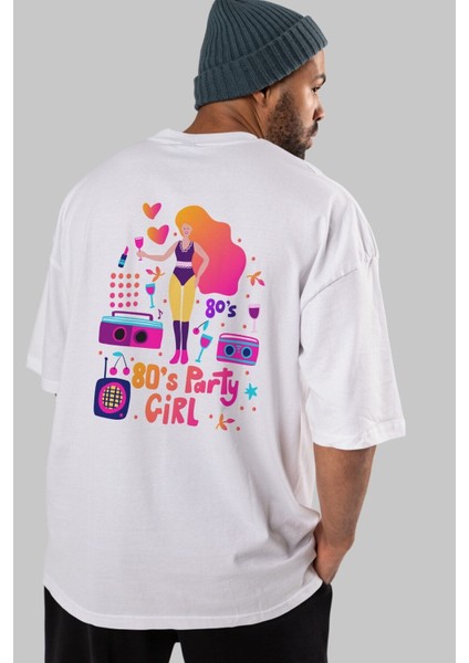 Retro Girl Party Arka Baskılı Beyaz Oversize T-Shirt Erkek Kadın Bisiklet Yaka