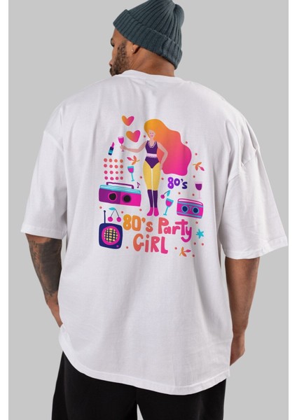 Retro Girl Party Arka Baskılı Beyaz Oversize T-Shirt Erkek Kadın Bisiklet Yaka fiyatları