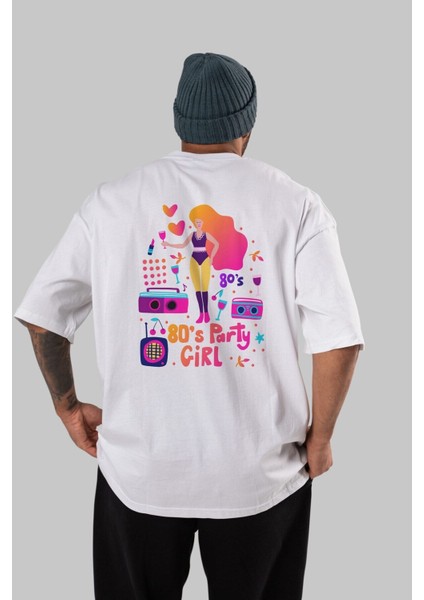 Retro Girl Party Arka Baskılı Beyaz Oversize T-Shirt Erkek Kadın Bisiklet Yaka fırsatları