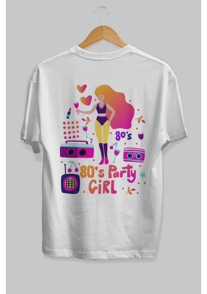 Retro Girl Party Arka Baskılı Beyaz Oversize T-Shirt Erkek Kadın Bisiklet Yaka indirimleri
