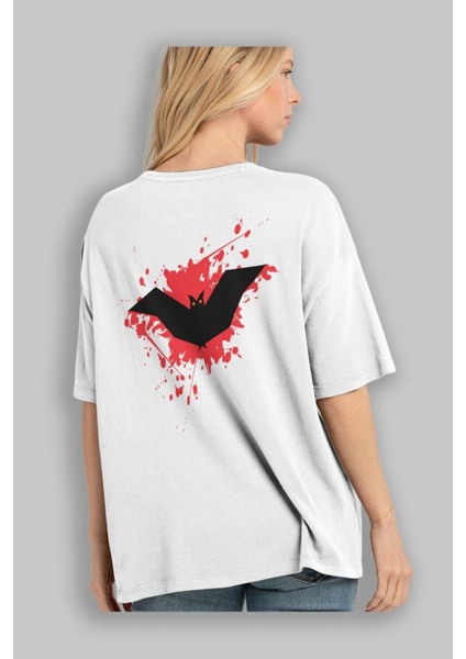 Halloween Arka Baskılı Beyaz Oversize T-Shirt Erkek Kadın Bisiklet Yaka fiyatları