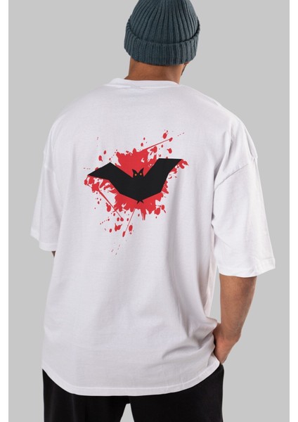 Halloween Arka Baskılı Beyaz Oversize T-Shirt Erkek Kadın Bisiklet Yaka indirimleri