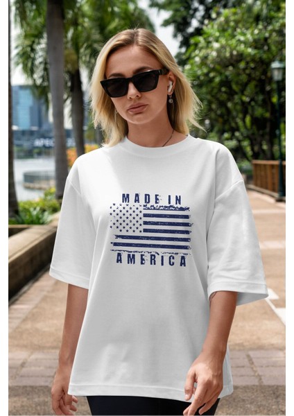Made In America Ön Baskılı Beyaz Oversize T-Shirt Erkek Kadın Bisiklet Yaka