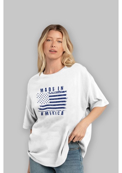 Made In America Ön Baskılı Beyaz Oversize T-Shirt Erkek Kadın Bisiklet Yaka fiyatları