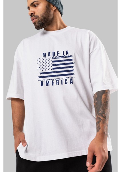 Made In America Ön Baskılı Beyaz Oversize T-Shirt Erkek Kadın Bisiklet Yaka modelleri