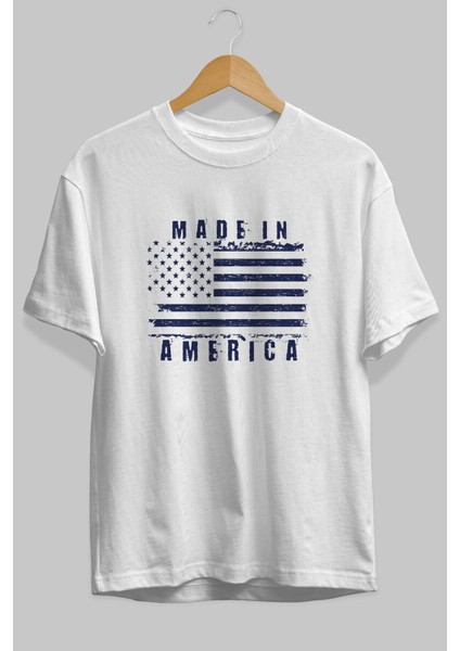 Made In America Ön Baskılı Beyaz Oversize T-Shirt Erkek Kadın Bisiklet Yaka fırsatları