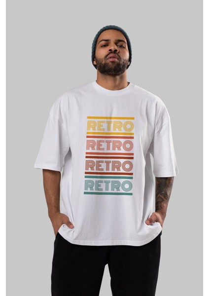 Retro Yazılı Ön Baskılı Beyaz Oversize T-Shirt Erkek Kadın Bisiklet Yaka indirimleri