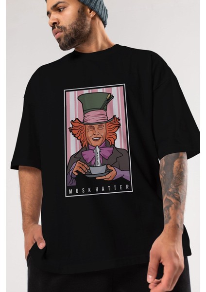 Mad Hatter Elon Musk Ön Baskılı Siyah Oversize T-Shirt Erkek Kadın Bisiklet Yaka
