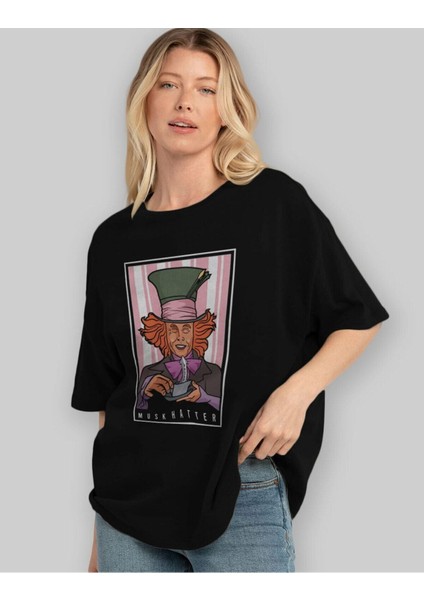 Mad Hatter Elon Musk Ön Baskılı Siyah Oversize T-Shirt Erkek Kadın Bisiklet Yaka
