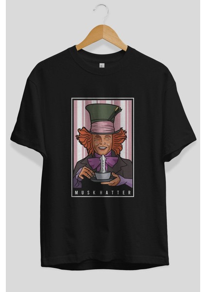 Mad Hatter Elon Musk Ön Baskılı Siyah Oversize T-Shirt Erkek Kadın Bisiklet Yaka