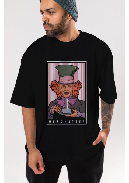 Mad Hatter Elon Musk Ön Baskılı Siyah Oversize T-Shirt Erkek Kadın Bisiklet Yaka