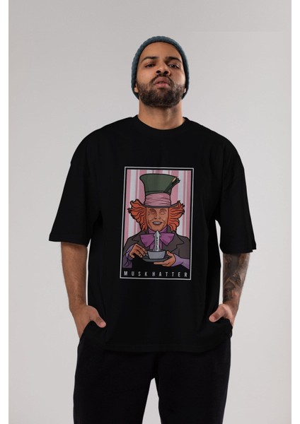 Mad Hatter Elon Musk Ön Baskılı Siyah Oversize T-Shirt Erkek Kadın Bisiklet Yaka