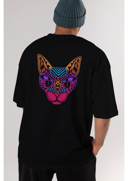 Black Neon Cat Arka Baskılı Siyah Oversize T-Shirt Erkek Kadın Bisiklet Yaka modelleri
