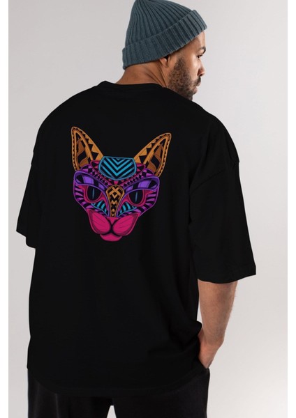 Black Neon Cat Arka Baskılı Siyah Oversize T-Shirt Erkek Kadın Bisiklet Yaka fırsatları
