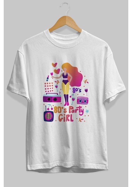 Retro Girl Party Ön Baskılı Beyaz Oversize T-Shirt Erkek Kadın Bisiklet Yaka