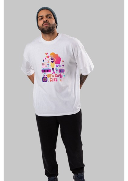 Retro Girl Party Ön Baskılı Beyaz Oversize T-Shirt Erkek Kadın Bisiklet Yaka fiyatları