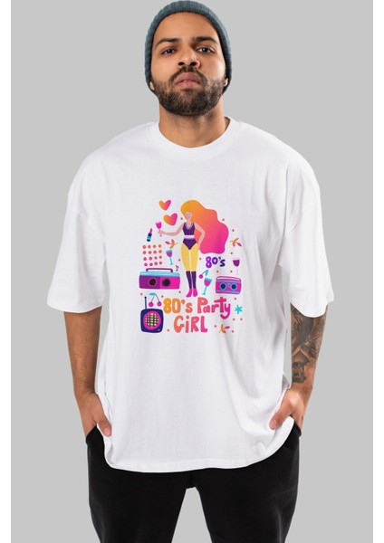 Retro Girl Party Ön Baskılı Beyaz Oversize T-Shirt Erkek Kadın Bisiklet Yaka modelleri