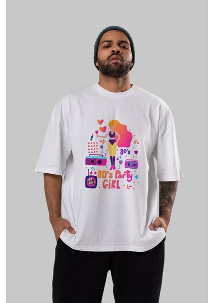 Retro Girl Party Ön Baskılı Beyaz Oversize T-Shirt Erkek Kadın Bisiklet Yaka fırsatları