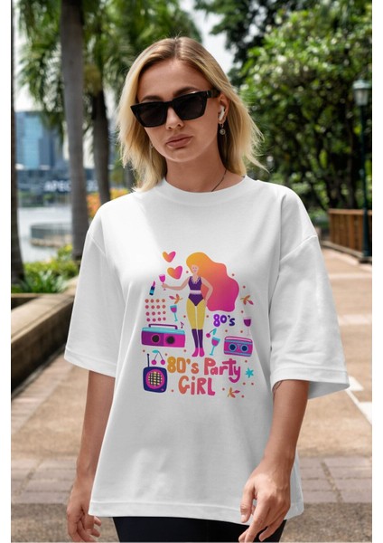 Retro Girl Party Ön Baskılı Beyaz Oversize T-Shirt Erkek Kadın Bisiklet Yaka indirimleri