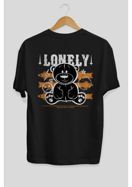 Teddy Bear Lonely Arka Baskılı Siyah Oversize T-Shirt Erkek Kadın Bisiklet Yaka