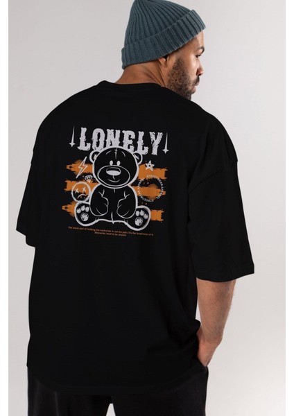 Teddy Bear Lonely Arka Baskılı Siyah Oversize T-Shirt Erkek Kadın Bisiklet Yaka fiyatları