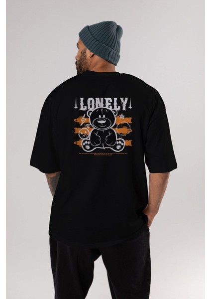 Teddy Bear Lonely Arka Baskılı Siyah Oversize T-Shirt Erkek Kadın Bisiklet Yaka modelleri