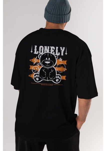 Teddy Bear Lonely Arka Baskılı Siyah Oversize T-Shirt Erkek Kadın Bisiklet Yaka fırsatları