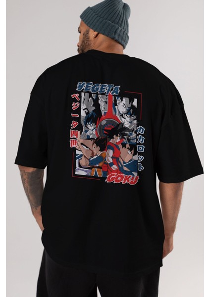 Vegeta Vs Goku Anime Arka Baskılı Siyah Oversize T-Shirt Erkek Kadın