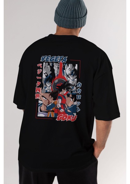 Vegeta Vs Goku Anime Arka Baskılı Siyah Oversize T-Shirt Erkek Kadın modelleri