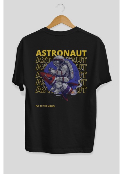 Astronaut Fly To The Arka Baskılı Siyah Oversize T-Shirt Erkek Kadın Bisiklet Yaka fiyatları