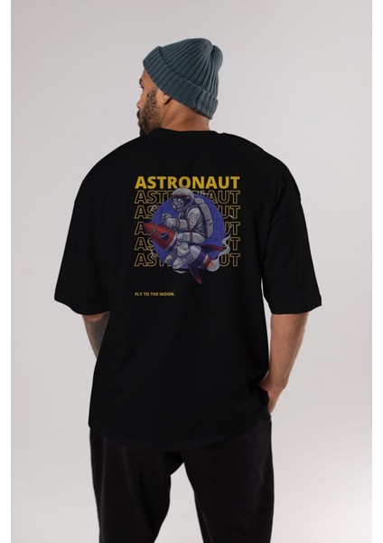 Astronaut Fly To The Arka Baskılı Siyah Oversize T-Shirt Erkek Kadın Bisiklet Yaka indirimleri