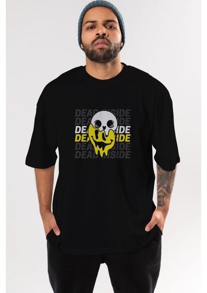 Dead Inside Yazılı Ön Baskılı Siyah Oversize T-Shirt Erkek Kadın Bisiklet Yaka fiyatları
