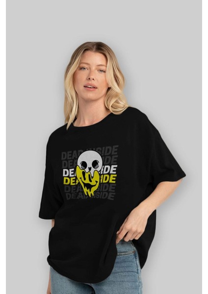 Dead Inside Yazılı Ön Baskılı Siyah Oversize T-Shirt Erkek Kadın Bisiklet Yaka modelleri
