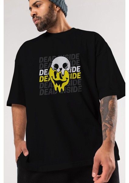 Dead Inside Yazılı Ön Baskılı Siyah Oversize T-Shirt Erkek Kadın Bisiklet Yaka fırsatları