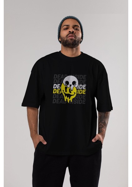 Dead Inside Yazılı Ön Baskılı Siyah Oversize T-Shirt Erkek Kadın Bisiklet Yaka indirimleri