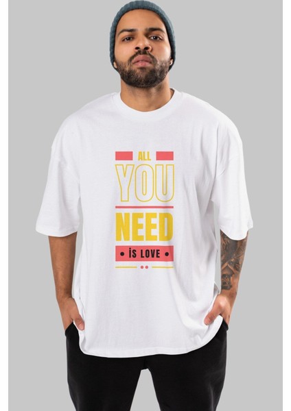 All You Need Is Love Ön Baskılı Beyaz Oversize T-Shirt Erkek Kadın Bisiklet Yaka fiyatları