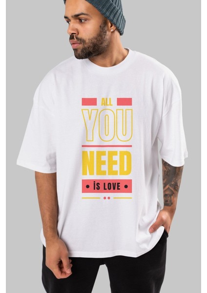 All You Need Is Love Ön Baskılı Beyaz Oversize T-Shirt Erkek Kadın Bisiklet Yaka modelleri
